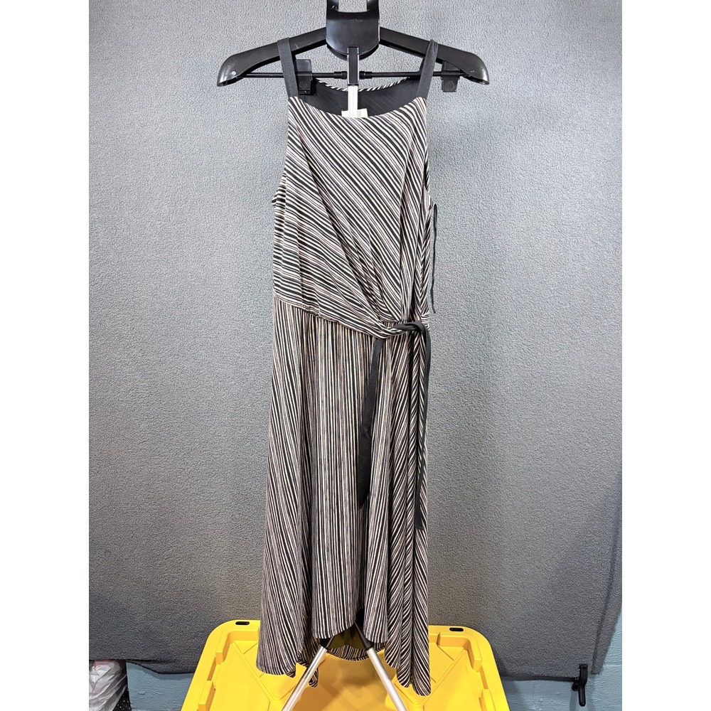Maeve Dress Womens Small Black White Striped Draped Halter Neck Midi Rayon Blend